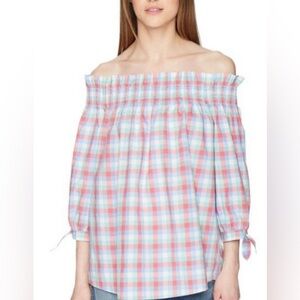NWOT Kate Spade Plaid 💯Cotton OffShoulder 3/4 Sleeves Bow Ties Ruffles S…